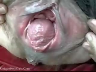 Mature Granny Stretching Her Extreme Gaping Hairy Cunt