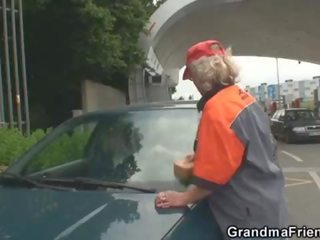 Two dudes pick up super grandma and screw outside