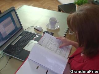 Granny and striplings teen threesome in the office